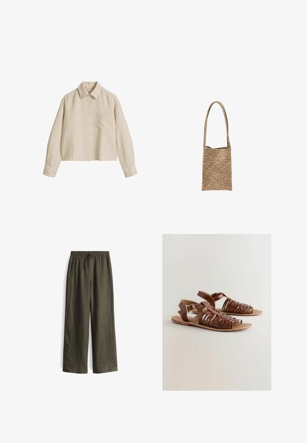 Beige linnen overhemd met lange mouwen, knopen aan de voorkant, borstzak aan de linkerzijde, klassieke kraag en geribde manchetten met knopen.; Olijfgroene, losse broek met een elastische tailleband en trekkoord, voorzien van zijzakken en een lichtgewicht, gestructureerde stof.; Bruine leren sandalen met een geweven ontwerp, een open teen en een verstelbare enkelband met een gouden gesp. Vlakke zool met gestikte accenten.; Rechthoekige geweven strooien tas met een lange gevlochten handgreep, lichtbruine natuurlijke vezels en een open bovenkant.