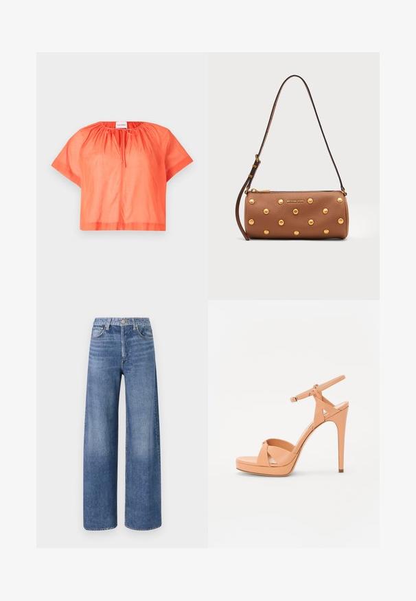 Top court à manches courtes de couleur orange vif, en tissu léger. Il présente un col rond avec un détail froncé et une fermeture à nouer à l'avant.; Jean large bleu clair en denim, avec une taille haute, un design classique à cinq poches et un léger délavage pour un look usé.; Casadei MICHELLE - Sandales à talons hauts - canyon; Sac à main cylindrique en cuir marron avec clous dorés, bandoulière réglable et logo Michael Kors doré sur le devant.