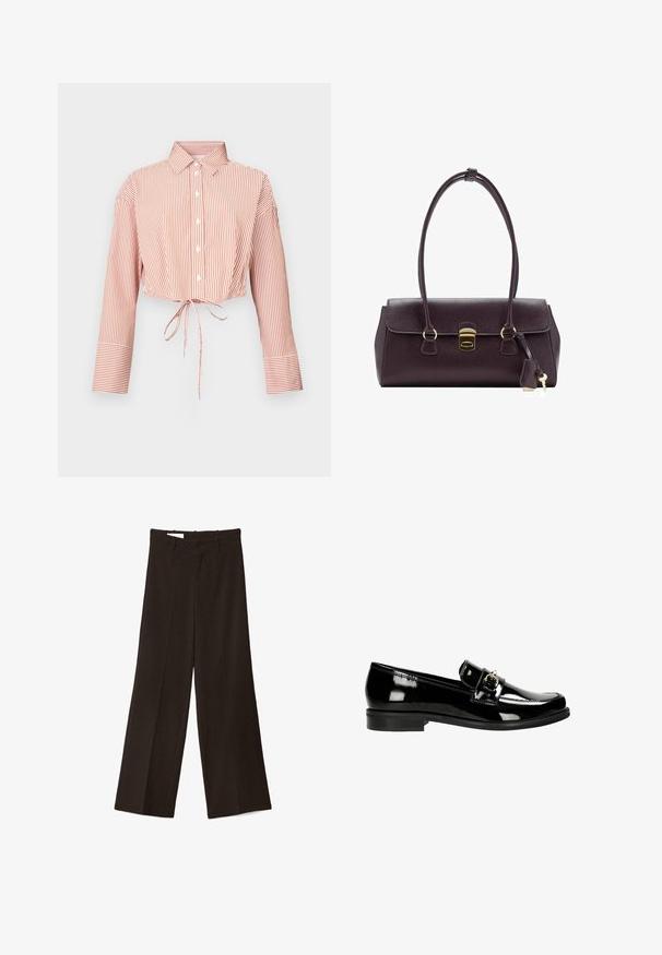 Chemise courte rayée rouge et blanche avec manches longues, devant à boutons et fermeture nouée à la taille. Texture de tissu lisse.; Pantalon noir à jambes larges avec bouton avant et passants de ceinture, présenté à plat sur un fond blanc.; Mocassins en cuir verni noir avec une sangle et des détails en argent, dotées d'une semelle plate et de coutures le long des bords.; Sac à main en cuir violet foncé avec un design structuré, deux poignées, des accessoires dorés, un rabat plat avec un fermoir et un détail porte-clés.