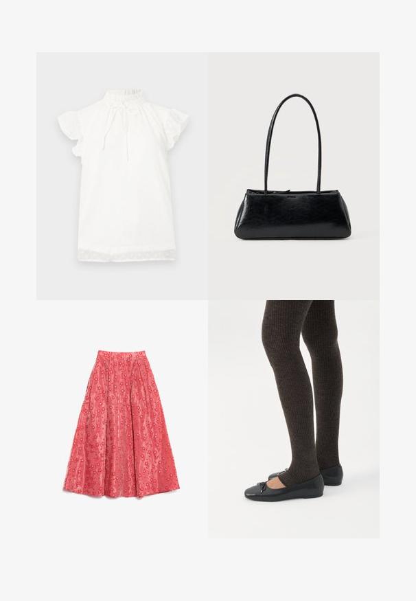 Top blanco de manga corta con un cuello alto fruncido y detalle de lazo. Presenta una tela texturizada con pequeños patrones de puntos y mangas con volantes.; Falda maxi de coral fluida, hecha de un tejido texturizado, con un patrón floral y pequeños acentos blancos, y pliegues para añadir volumen.; Piernas con leggings oscuros acanalados combinados con bailarinas negras que presentan pequeños detalles de lazo sobre un fondo blanco.; Bolso de hombro rectangular negro con correas largas y delgadas y una textura lisa y brillante sobre un fondo liso.