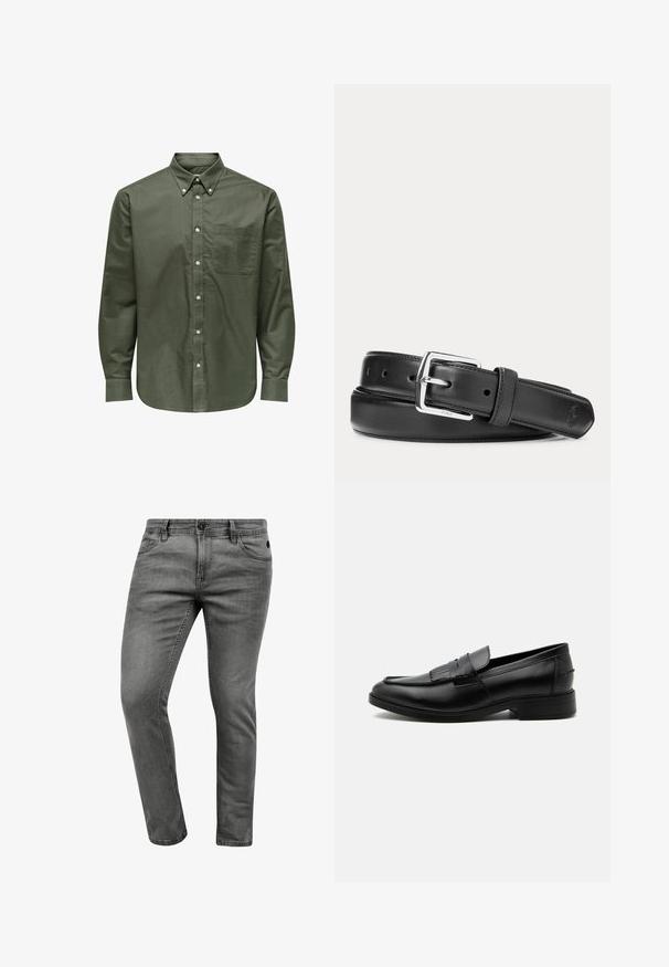 Langærmet olivengrøn skjorte med knapper, knappet krave og enkelt brystlomme.; Grå denim jeans med slim fit, der har fem lommer, en knaplukning og diskrete syninger. Blød tekstur og enkelt design.; Sort læder herre loafers med kvast detalje, rundet tå, lav hæl og glat poleret finish, vist fra siden på hvid baggrund.; Sort læderbælte med sølvfarvet rektangulært spænde, rullet sammen på en hvid baggrund, med et diskret præget logo på spidsen.