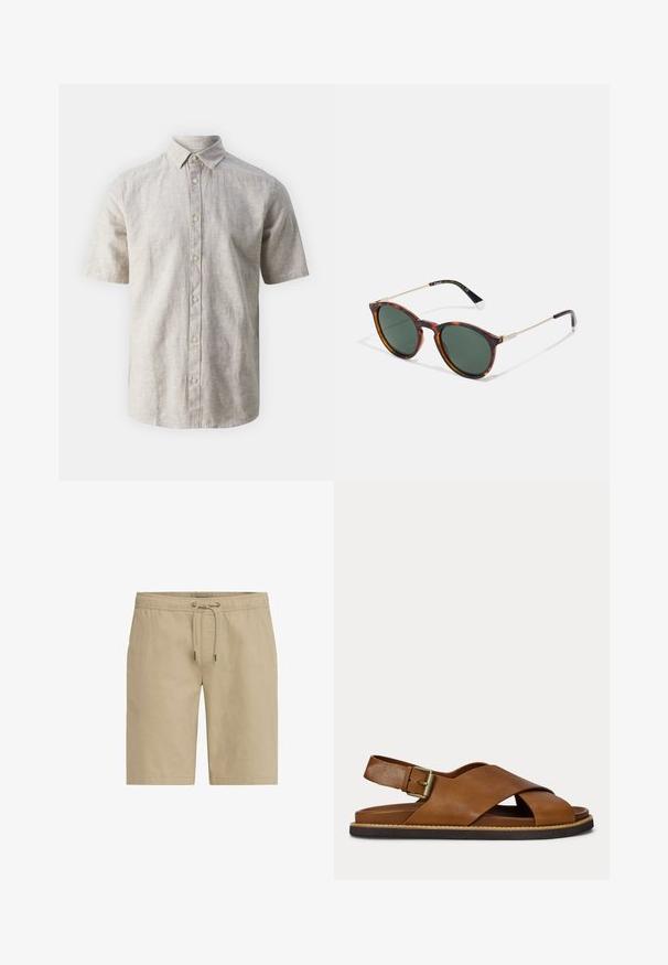 Chemise à manches courtes en lin beige clair, avec un col classique, une fermeture à boutons sur le devant et une coupe décontractée, présentant une texture subtile.; Shorts beiges en tissu doux, dotés d'une taille élastique avec cordon de serrage et de poches latérales, conçus avec une coupe droite.; Sandale en cuir marron avec des brides croisées, boucle réglable sur la bride arrière et semelle noire avec détail de surpiqûres beige.; Lunettes de soleil rondes avec une monture en écaille de tortue, des verres vert foncé et des branches métalliques fines. Accentué par un logo sur les tempes.