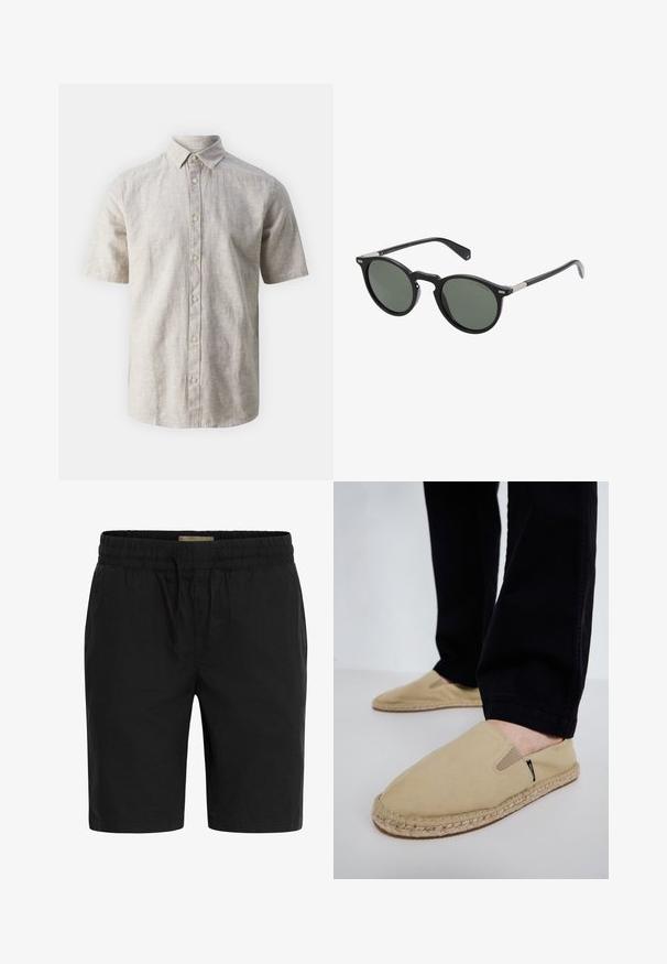 Camisa de manga corta abotonada en lino beige claro, con cuello clásico, cierre frontal de botones y un ajuste relajado, con una textura sutil.; Pantalones cortos negros hechos de una tela ligera, que cuentan con una cinturilla elástica con cordón y bolsillos laterales para mayor comodidad.; Zapatos de lona color beige tipo slip-on con gomas elásticas, suela de cuerda de yute y costuras en contraste. Llevados con pantalones negros ajustados.; Gafas de sol redondas negras con lentes verde oscuro, montura de plástico y detalles metálicos en las varillas. Textura suave, diseño minimalista.