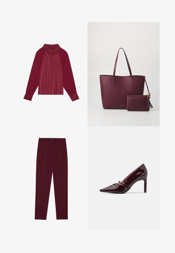 Bordeaux blouse met een hoge kraag, geplooid ontwerp aan de voorkant en lange mouwen. Gemaakt van zachte, gladde stof met contrasterende manchetten.; Bordeaux kleurige broek gemaakt van een lichtgewicht stof. Kenmerkt zich door een getailleerde pasvorm, plooien aan de voorkant en zijzakken. Gladde textuur met een strakke uitstraling.; Patente bordeaux hoge hak schoen met puntige neus, enkelsluitle met gouden hardware en een strakke, gepolijste afwerking. Verhoogde stiletto hak.; Bordeaux vegan leren schoudertas met twee stevige handvatten, voorzien van een bijpassend ritszakje met kwastaccent. Gladde, gestructureerde afwerking.