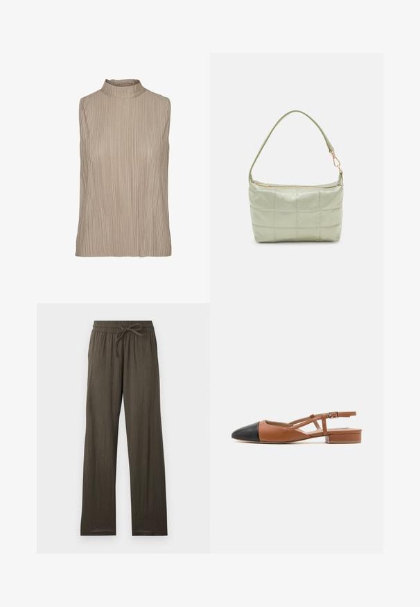 Top sans manches beige avec un col haut et une texture côtelée. Présente une coupe droite et des plis subtils pour plus de détails.; Pantalon large vert olive foncé avec taille élastique et cordon de serrage, présenté à plat sur un fond clair.; Steve Madden BELINDA - Ballerines à brides arrière - brown/black; Sac vert rembourré avec une texture douce, de forme rectangulaire, à une bandoulière, et fermeture à glissière dorée. Présente un motif matelassé.