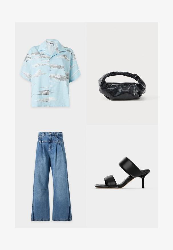 Lyseblå kortærmet skjorte med knapper og camp-krave, med sølvgrå sky-lignende mønstre på stoffet.; Blå højtaljede jeans med brede ben, læg under linningen og diskret horisontal syning ved lårene, vist på en ensfarvet baggrund.; Sort læder mule sandal med to brede remme og en slank mellemhøj stiletthæl på en ensartet lys baggrund.; Sort taske lavet af blankt, tekstureret materiale med et cirkulært, snoet håndtag og lynlås. Har et blødt, rynket design.