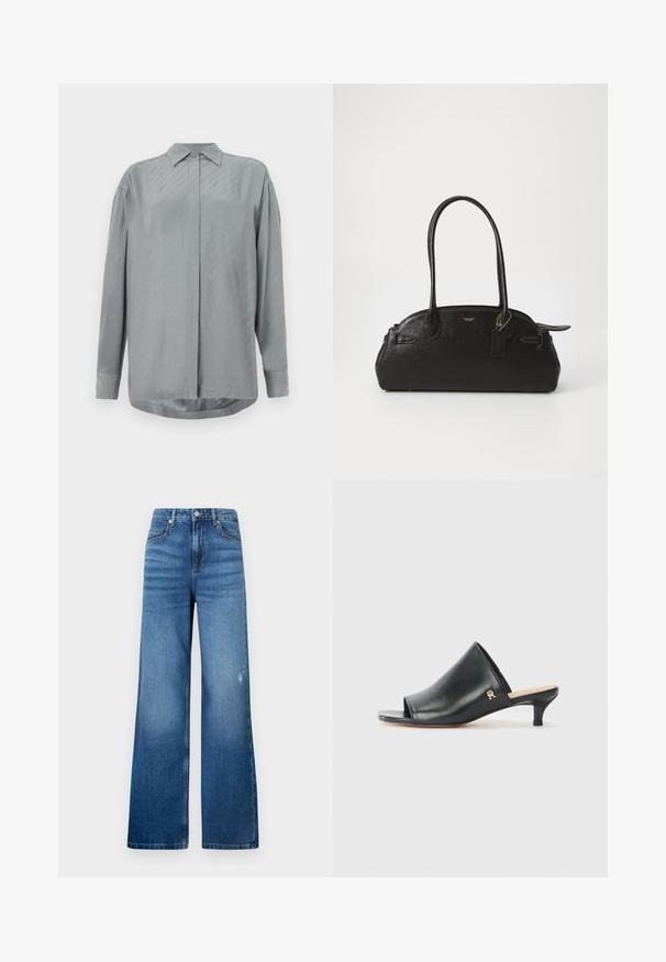 Lichtgrijze, langärmige shirt van gladde stof met een knoopsluiting aan de voorkant en subtiele diagonale patronen. Klassieke kraag en ronde zoom.; Brede lichtblauwe denim jeans met een lichte vervaging, voorzien van vijf zakken en een standaard tailleband met een knoopsluiting. Glad textuur.; Zwarte leren open teen muiltjes met een lage hak. Heeft een glad oppervlak en een gouden logo accent aan de zijkant.; Zwarte leren handtas met een ronde vorm, twee lange handvatten, gouden hardware en een klein label bevestigd. Ritsopening aan de bovenkant.