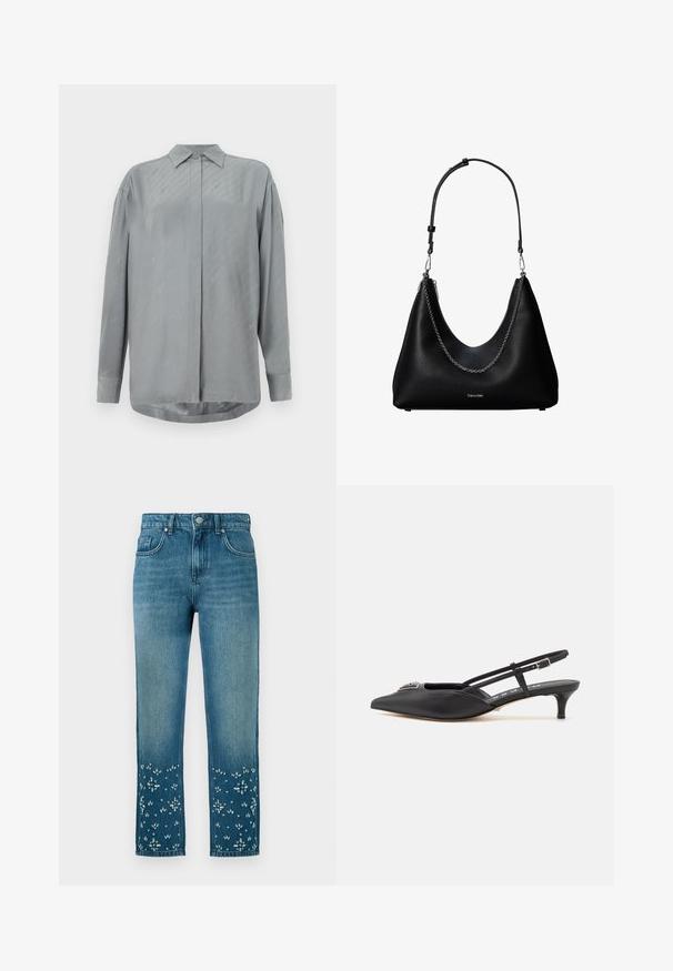 Lichtgrijze, langärmige shirt van gladde stof met een knoopsluiting aan de voorkant en subtiele diagonale patronen. Klassieke kraag en ronde zoom.; Blauwe denim jeans met een rechte snit, voorzien van bloemborduursels en versieringen aan de onderkant en een vijfzakkenmodel.; Zwarte slingback schoenen met een puntige neus, gemaakt van glad materiaal, met een kleine hak en een decoratieve zilverkleurige accent op de wreef.; Zwarte leren handtas met een zilveren kettingdetail en verstelbare schouderriem, met het Calvin Klein-logo aan de voorkant.
