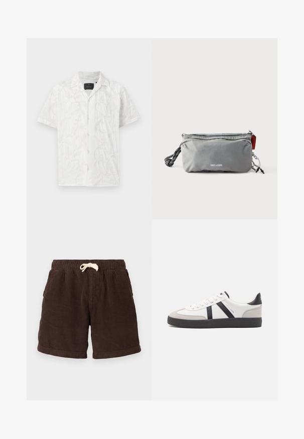 Chemise blanche à manches courtes avec une délicate broderie de motifs de feuilles et de fleurs. Détails notables : fermeture à boutons sur le devant et col.; Shorts en velours côtelé brun avec une taille élastique, une fermeture à cordon de serrage et des poches latérales. Le tissu présente un motif côtelé vertical et une finition texturée.; Baskets blanches avec des accents noirs et gris, présentant un embout texturé gris, une semelle en caoutchouc noir et des lacets plats blancs. Design épuré, style minimaliste.; Trousse rectangulaire grise avec fermetures éclair, poignée en corde noire et blanche sur un côté, et texte "ONLY & SONS" au centre devant.