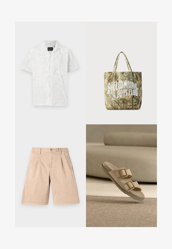 Hvid kortærmet skjorte med delikat broderi af blad- og blomstermønstre. Bemærkelsesværdige detaljer inkluderer en frontknaplukning og en krave.; Beige shorts lavet af bomuld, med en lige pasform, plisseret front, sidelommer og en enkelt knaplukning i taljen.; Beige dobbeltremssandal med store gyldne spænder, tekstureret sål, svævende over beige tæppe med matchende sofa i baggrunden.; Camouflage-mønstret mulepose lavet af tekstureret stof med to håndtag. Fremviser en fremtrædende hvid logo på den ene side.
