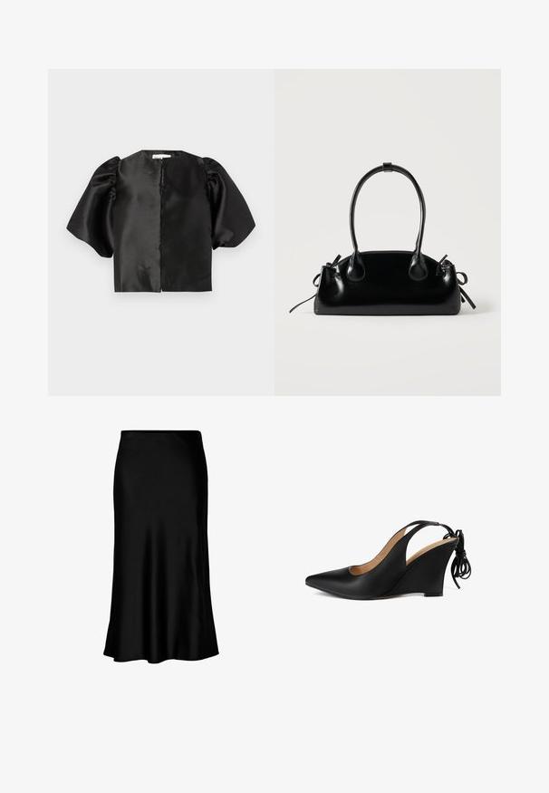 Schwarzes Satin-Crop-Top mit puffierten kurzen Ärmeln und einer Frontöffnung. Glatte Textur mit glänzendem Finish, minimalistisches Design.; Schwarzer Satin-Midi-Rock mit glatter Textur, ausgestellt am Saum und mit einem taillierten Bund, der ein einfaches, klassisches Design aufweist.; Schwarze Leder-Slingback-Wedge mit spitzem Schuhkopf, offenen Seiten und einem Bindungsakzent an der Ferse; strukturierte Oberfläche und leicht geschwungene Wedge.; Kleine schwarze glänzende Handtasche mit zwei langen Griffen und seitlichen Kordelzug-Details vor einfachem hellem Hintergrund.