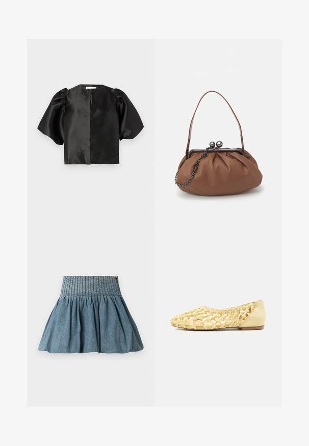 Mustat satiinin lyhythihainen crop-toppi, jossa on puffimaiset lyhyet hihat ja edessä avaus. Sujuva pinta kiiltävällä viimeistelyllä, minimalistinen muotoilu.; Denimhame, jossa on rypytetty rakenne ja leveä joustovyötärö. Väri on vaaleansininen, ja pinta on pehmeä ja sileä.; Vaaleankeltainen kudottu nahkainen tasapohjainen kenkä, jossa suljettu kanta ja avoin ritilämalli, sopii vapaa-ajan käyttöön.; Ruskea nahkakäsilaukku, jossa on rypytetty muotoilu, lyhyt nahkahandling ja ketjuhihna. Varustettu hopeisella metallisoljella, jossa on kaksi pyöreää yksityiskohtaa.