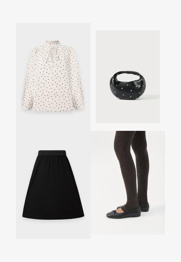 Crèmekleurige blouse met zwarte polka dots, lange pofmouwen, geplooide ruches bij de kraag en een strikdetail aan de voorkant.; Zwarte A-lijn rok met een elastische tailleband, gemaakt van een gladde, lichte stof; heeft een eenvoudig, effen ontwerp zonder patronen.; Benen met donkere geribbelde leggings gecombineerd met zwarte ballerina's met kleine strikdetails op een witte achtergrond.; Zwarte leren handtas met een afgeronde vorm, versierd met zilveren studs, en een korte handgreep. Gladde textuur en ritsluiting.