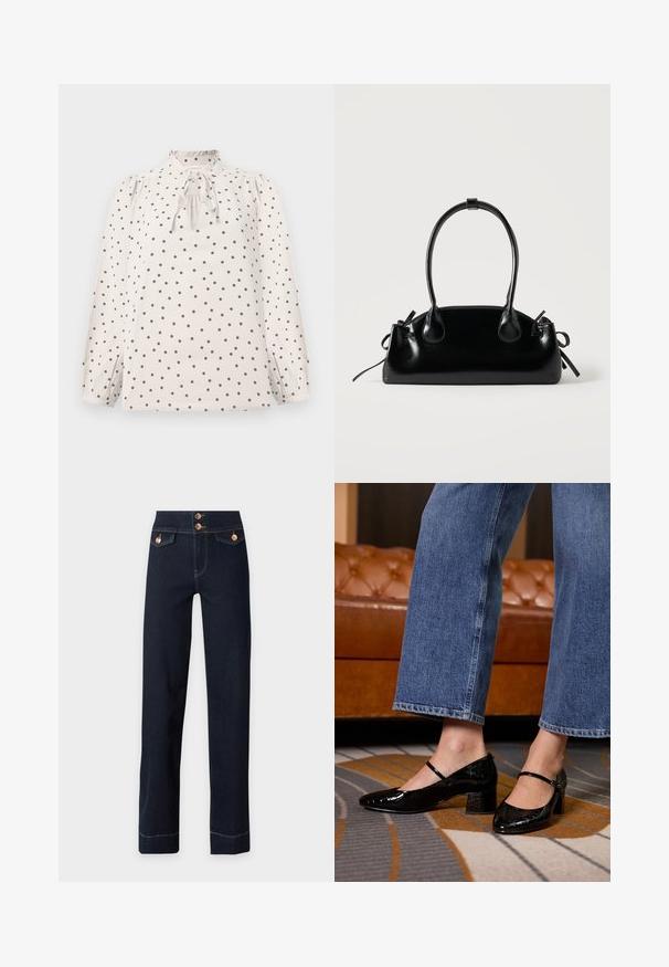 Blouse crème à pois noirs, manches longues bouffantes, col à volants froncés et détail de nœud à l'avant.; Jean bleu foncé taille haute avec jambes droites, boutons en cuivre, poches à rabat à l'avant et coutures jaunes visibles.; Des escarpins en cuir verni noir avec un bout pointu, un talon bloc et une bride à la cheville, portés avec un jean en denim à jambes larges, sur un tapis à motifs.; Petit sac à main noir brillant avec deux longues anses et des détails à cordon sur les côtés sur un fond clair uni.