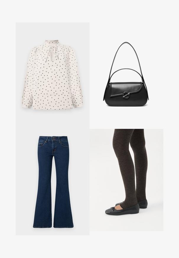 Blouse crème à pois noirs, manches longues bouffantes, col à volants froncés et détail de nœud à l'avant.; Jean flare bleu foncé en denim, avec fermeture éclair et double bouton, poches avant et détails cousus le long des côtés.; Jambes portant des leggings côtelés foncés associés à des ballerines noires avec de petits détails en nœud sur fond blanc.; Sac à bandoulière en cuir noir avec un rabat incurvé fermé par un fermoir métallique rond et une sangle fine et ajustable.