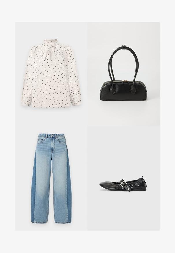 Crèmekleurige blouse met zwarte polka dots, lange pofmouwen, geplooide ruches bij de kraag en een strikdetail aan de voorkant.; Lichtblauwe denim wijde jeans met een vervaagde afwerking, vijf zakken, knoopsluiting en rafelige zomen. Versleten textuur en stiksels als accenten.; Zwarte leren platte schoen met een spitse neus, geplooide details rond de opening en een zilveren gespaccentueerde verstelbare band.; Zwarte leren handtas met twee verlengde handvatten, ritsluiting en ronde vorm; gladde textuur met subtiele glanzende afwerking.