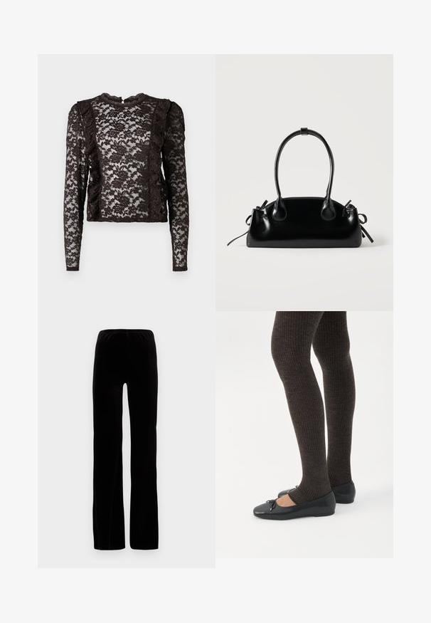 Haut à manches longues en dentelle marron avec un motif floral, présentant des accents volants sur les côtés et un col rond avec une fermeture à bouton à l'arrière.; Good American Pantalon classique - black; Jambes portant des leggings côtelés foncés associés à des ballerines noires avec de petits détails en nœud sur fond blanc.; Petit sac à main noir brillant avec deux longues anses et des détails à cordon sur les côtés sur un fond clair uni.