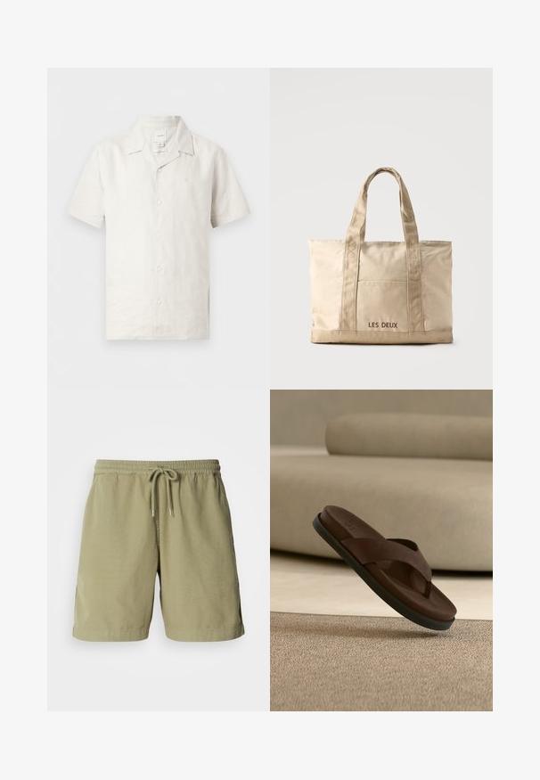Kortærmet, hvid linnedskjorte med knapper, klassisk krave og diskret logo på brystet, vist på ensfarvet baggrund.; Olivenfarvede shorts, lavet af bomuld, med elastisk talje og snøre, der har sidelommer og en lige pasform. Glat tekstur.; Brun læder flipflop-sandal med sort sål, der hænger over et beige tæppe i en neutralt farvet indendørs setting.; Beige lærredstaske med to håndtag og en forlommer, "LES DEUX" broderet på lommen.
