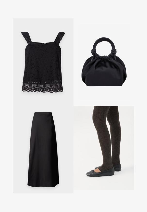 Top en dentelle noire avec larges bretelles, motif floral, ourlet festonné et tissu texturé. Présente des détails complexes au bord inférieur.; Jupe maxi en satin noir avec une texture lisse, taille haute, silhouette fluide et sans motifs ni détails en métal visibles.; Jambes portant des leggings côtelés foncés associés à des ballerines noires avec de petits détails en nœud sur fond blanc.; Sac à main en tissu noir doux avec haut froncé et poignées circulaires rembourrées nouées de chaque côté.