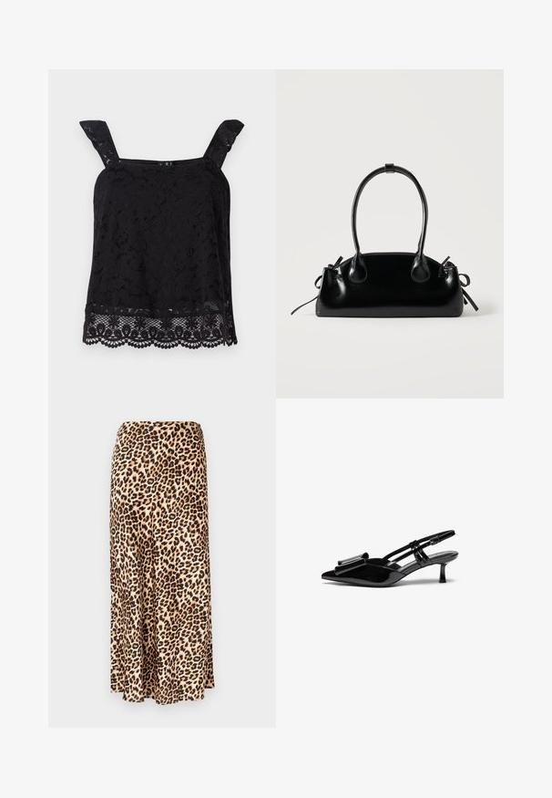 Top de encaje negro con tirantes anchos, patrón floral, dobladillo ondulado y tela texturizada. Presenta un intrincado detalle en el borde inferior.; Falda larga de estampado de leopardo hecha de tejido suave. Base marrón clara con manchas negras y marrones. Diseño acampanado con dobladillo recto.; Zapatos de tacón slingback de charol negro con punta afilada, detalle de lazo en el frente y un pequeño tacón de aguja. Las correas tienen hebillas ajustables.; Pequeño bolso negro brillante con dos asas largas y detalles de cordón lateral sobre un fondo claro liso.