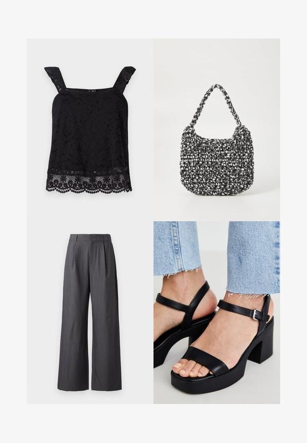 Zwart kanten top met brede bandjes, bloemenpatroon, gegolfde zoom en textuurstof. Heeft ingewikkelde details aan de onderste rand.; Donkergrijze broek met wijde pijpen, plooien, riemlussen en een knoopsluiting in de taille, afgebeeld op een effen achtergrond.; ALDO CELIE - Sandalen met hoge hak - black; Geweven handtas in zwart en wit met een ronde vorm, gestructureerd oppervlak en een gevlochten handvat. Geschikt voor dagelijks gebruik.