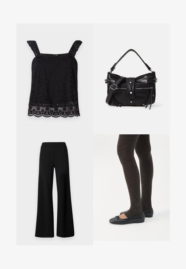 Sort blonde top med brede stropper, blomstermønster, bølget kant og struktureret stof. Har en intrikat detaljering ved bunden.; Sorte vide bukser lavet af blød, strækbar stof. Har en glat, elastisk talje og et enkelt, udekoreret design.; Ben iført mørke ribbede leggings kombineret med sorte balletsko med små sløjfedetaljer på hvid baggrund.; Even&Odd H24462 - Håndtasker - black