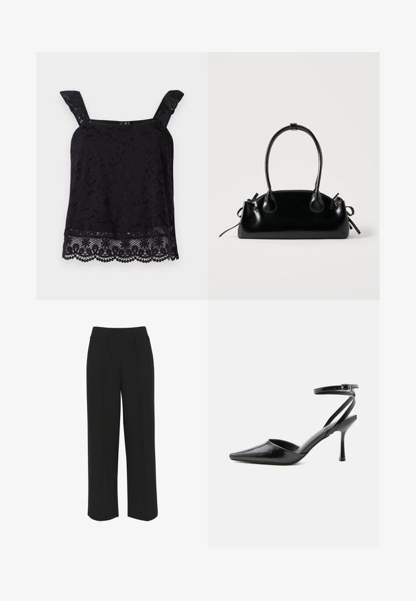 Sort blonde top med brede stropper, blomstermønster, bølget kant og struktureret stof. Har en intrikat detaljering ved bunden.; Sorte bukser med bredde ben og flad talje, med forreste folder og en glat tekstur. Ingen synlige lommer eller metaldele.; Sort spids højhælet sko med tynde ankelremme og sølvspænde på en ensfarvet lys baggrund.; Lille sort blank håndtaske med to lange håndtag og snøre-detaljer i siden på en ensfarvet lys baggrund.