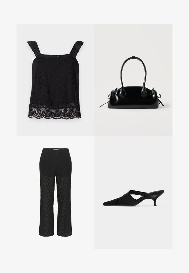 Top en dentelle noire avec larges bretelles, motif floral, ourlet festonné et tissu texturé. Présente des détails complexes au bord inférieur.; Pantalons en dentelle noire avec un motif, des jambes larges, et une taille douce, avec des sections transparentes pour ajouter de la texture.; Mule noire à bout pointu avec un petit talon kitten et des larges brides superposées sur le dessus du pied.; Petit sac à main noir brillant avec deux longues anses et des détails à cordon sur les côtés sur un fond clair uni.