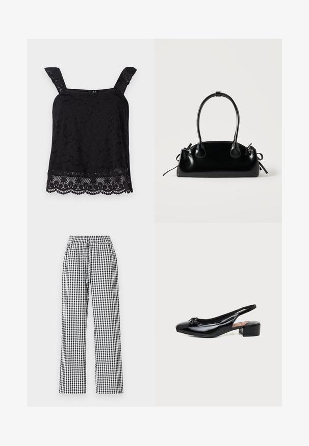 Top en dentelle noire avec larges bretelles, motif floral, ourlet festonné et tissu texturé. Présente des détails complexes au bord inférieur.; Pantalons à motifs vichy noir et blanc avec une coupe décontractée, taille élastique et détail de cordon de serrage. Le tissu a une texture lisse.; Chaussure slingback en cuir verni noir avec petit talon bloc et petit nœud sur l'avant arrondi, vue de profil sur fond blanc.; Petit sac à main noir brillant avec deux longues anses et des détails à cordon sur les côtés sur un fond clair uni.