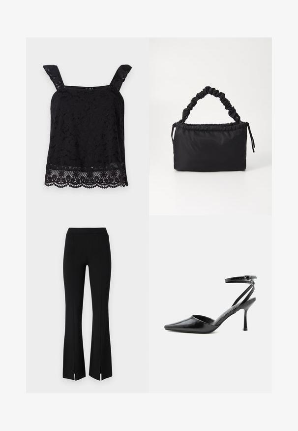 Schwarzes Spitzentop mit breiten Trägern, floralen Muster, gewelltem Saum und strukturiertem Stoff. Verfügt über aufwendige Details am unteren Rand.; Schwarze, ausgestellte Hosen aus einem dehnbaren Stoff, mit hoher Taille und Schlitzen am Knöchel für zusätzliche Details und Bewegungsfreiheit.; Schwarzer spitzer High Heel mit dünnen Knöchelriemen und silberner Schnalle auf einfachem hellem Hintergrund.; Schwarze Tasche aus weichem, glattem Stoff. Verfügt über einen gerafften Griff und einen Kordelzugverschluss, hat eine rechteckige Form und keine sichtbaren Beschläge.