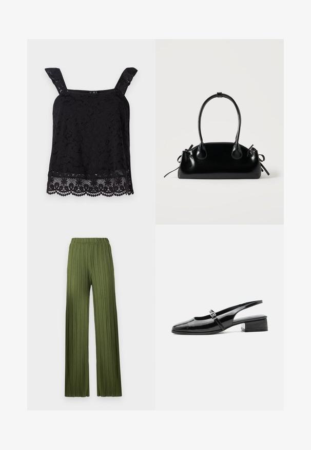 Top de encaje negro con tirantes anchos, patrón floral, dobladillo ondulado y tela texturizada. Presenta un intrincado detalle en el borde inferior.; Pantalones anchos plisados verdes con cintura elástica. La tela texturizada presenta rayas verticales que crean una apariencia fluida.; Zapato slingback de charol negro con tacón bajo y grueso y una fina correa con hebilla de plata en la parte superior.; Pequeño bolso negro brillante con dos asas largas y detalles de cordón lateral sobre un fondo claro liso.