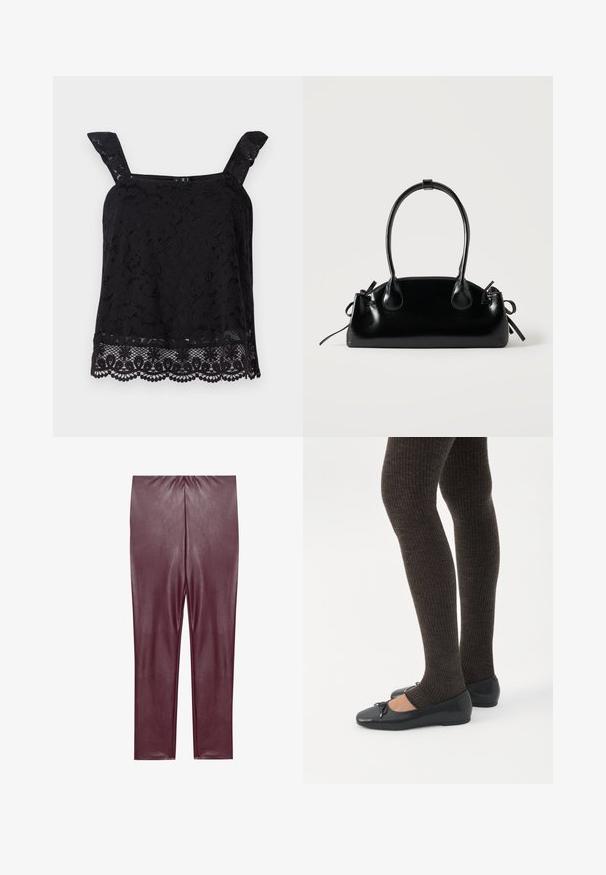 Top de encaje negro con tirantes anchos, patrón floral, dobladillo ondulado y tela texturizada. Presenta un intrincado detalle en el borde inferior.; Leggings de cuero sintético burdeos con una textura suave, cintura alta y un diseño ajustado, que llegan hasta los tobillos sin detalles adicionales.; Piernas con leggings oscuros acanalados combinados con bailarinas negras que presentan pequeños detalles de lazo sobre un fondo blanco.; Pequeño bolso negro brillante con dos asas largas y detalles de cordón lateral sobre un fondo claro liso.