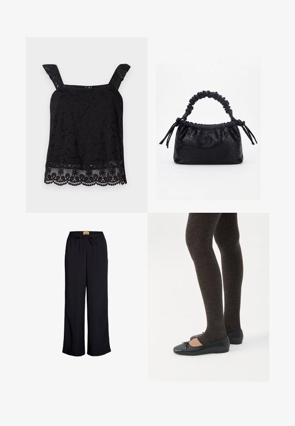 Must mustriline top, laiad rihmadega, lillemustriga, laineline serv ja tekstureeritud kangas. Omab keerukat detaili alumises ääres.; Mustad laiad püksid elastse vöökoha ja nööriühendusega. Valmistatud siledast kangast, millel puuduvad nähtavad mustrid või aktsendid.; Jalad seljas tumedad soonelises soonelises kombines mustade baleriinadega, millel on väikesed paelade detailid valgel taustal.; Must käekott krokodillinaha tekstuuriga, voltis ülaservaga, kogutud sangaga ja kummipaeladega tutsidega igal küljel valgel taustal.