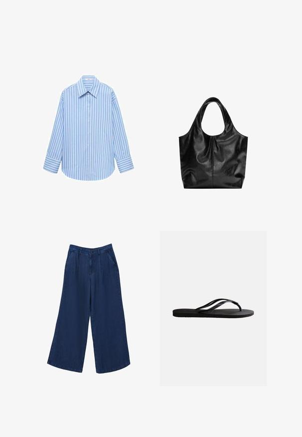 Lichtblauw en wit gestreept langarmhemd met een knoopsluiting, puntige kraag en een soepele stof met een comfortabele pasvorm.; Brede denim broeken in donkerblauw. Kenmerken zijn twee voorzakken, een knoopsluiting en een gladde textuur met een lichtgewicht stof.; Zwarte rubberen teenslipper met een gestructureerd voetbed en dunne Y-vormige bandjes op een effen witte achtergrond.; Zwarte leren tote bag met een gladde textuur, een zachte ronde bovenkant en brede handvatten. Kenmerkt zich door minimale stiksels en een slungelige silhouet.
