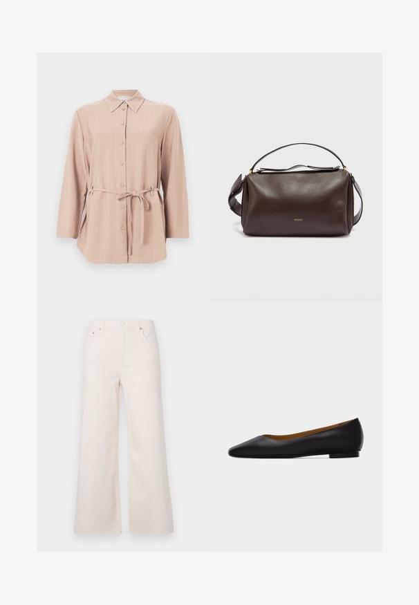 Camisa de manga larga color rosa claro con cuello, botones exteriores, rayas verticales y un lazo en la cintura para acentuar la figura.; Pantalones de denim de pierna ancha, color beige claro, con una cintura alta, cinco bolsillos y cierre de botón en la parte delantera. Textura suave, detalles de costura mínimos.; Zapato plano de punta puntiaguda de cuero negro con tacón bajo y acabado liso, mostrado de perfil sobre un fondo gris claro.; Bolso de hombro de cuero marrón con un diseño estructurado, que presenta un logo dorado, cierre superior con cremallera y una correa desmontable. Textura suave.