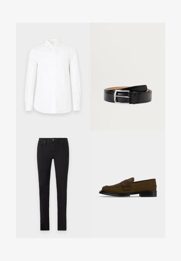 Witte lange mouwen overhemd met knopen gemaakt van zachte katoen. Bevat een gepunte kraag, volledige knoopsluiting aan de voorkant en een licht taperende taille.; Zwarte slim-fit jeans met vijf zakken, knoopsluiting en riemlussen, plat weergegeven op een witte achtergrond.; Bruine leren penny loafer met zwarte zool en lage hak, met mocassin-stijl stiksels en een decoratieve riem bovenop.; Zwarte leren riem met een gladde textuur, een zilveren metalen gesp en enkele stiksel details langs de randen.