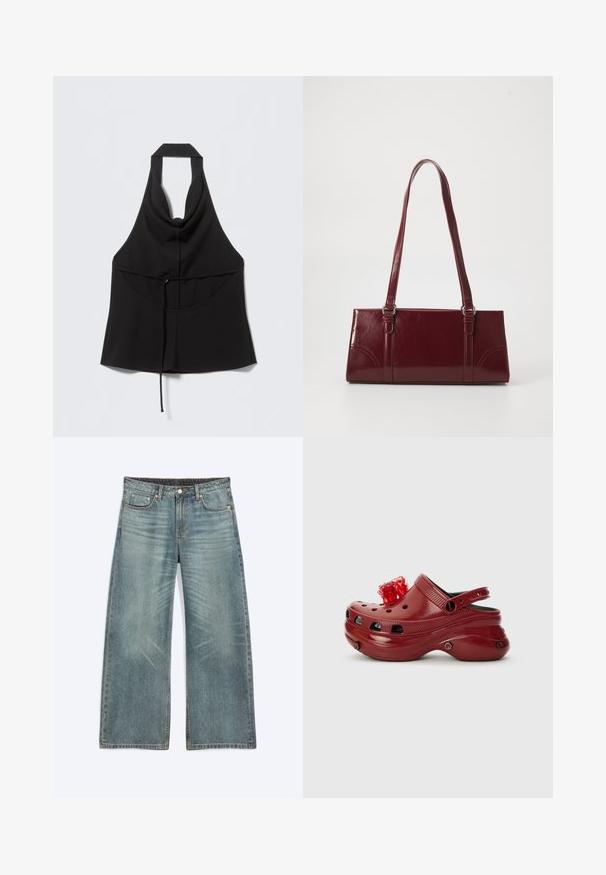 Haut noir sans manches à col licou avec une taille cintrée par un lien, un décolleté en V à l'avant et un ourlet inférieur fluide.; Jean bleu à jambes larges avec poches avant, passants de ceinture, fermeture par boutons et détails subtils d’usure sur les cuisses et les genoux.; Sabot en plastique rouge avec des trous de ventilation, un talon surélevé et une décoration florale sur le dessus. Présente une sangle à l'arrière et des bords texturés.; Sac à main bordeaux en matériau brillant, de forme rectangulaire, avec deux anses et des accents légèrement courbés à l'avant.