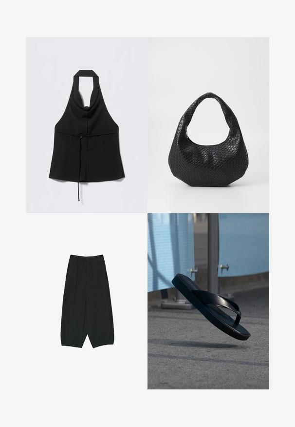 Haut noir sans manches à col licou avec une taille cintrée par un lien, un décolleté en V à l'avant et un ourlet inférieur fluide.; Pantalon large noir ample avec taille et poignets élastiqués, doté de poches latérales et d'une coupe décontractée.; Tongs noires suspendues en l'air au-dessus de l'asphalte, avec des panneaux de tissu bleu et des poteaux métalliques en arrière-plan.; Sac à main tissé noir avec une poignée courbée, présentant une surface texturée et une forme décontractée. Fini lisse avec une silhouette organique.