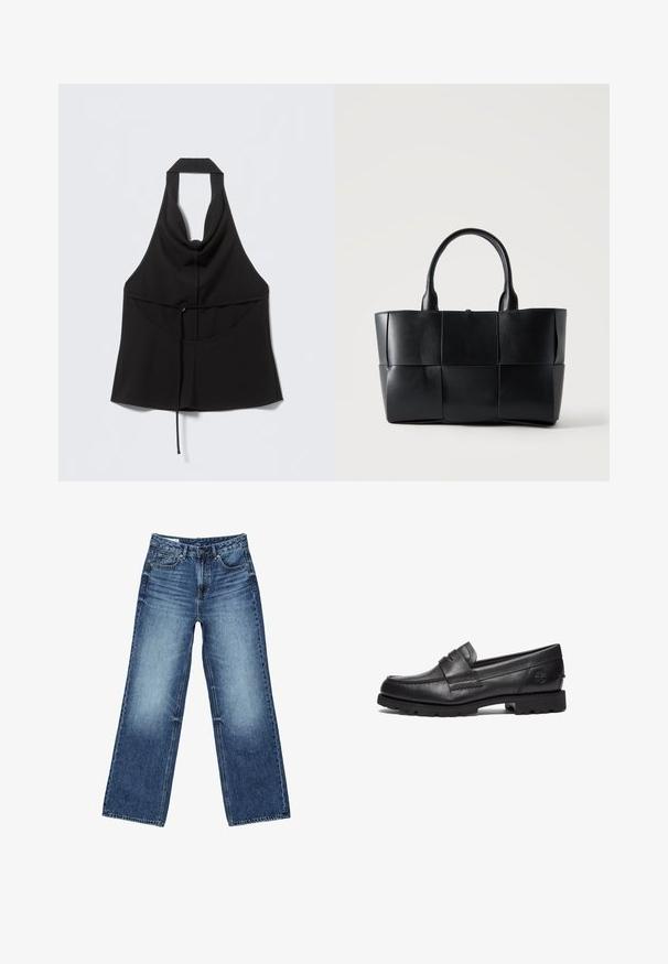 Sort halterneck-ærmeløs top med snøre i taljen, v-formet forreste halsudskæring og flydende nederste kant.; Blå vidtsiddende jeans i denim med forlommer og møntlomme foran, knaplukning og falmet vask på lår og knæ.; Timberland Loafers - black; Sort læder tote taske med vævede store kvadratiske paneler og to afrundede håndtag på en ensfarvet lys baggrund.
