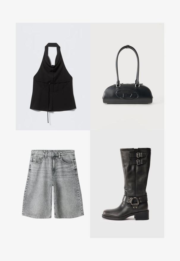 Haut noir sans manches à col licou avec une taille cintrée par un lien, un décolleté en V à l'avant et un ourlet inférieur fluide.; Shorts en denim gris clair avec petits pois blancs, fermeture à bouton et fermeture éclair à l'avant, passants pour ceinture et poches avant.; Boot en cuir noir mi-mollet avec deux boucles en argent près du haut et une sangle décorative avec un anneau en métal autour de la cheville, talon carré.; Sac à main en cuir noir avec longues poignées doubles et logo ovale embossé sur le devant, présenté sur un fond clair uni.