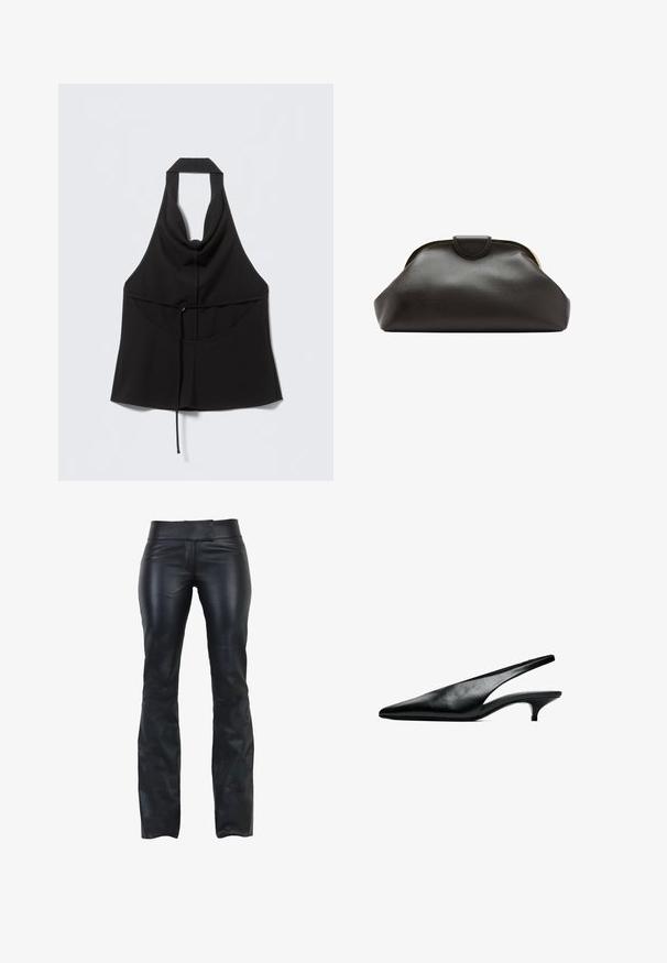 Sort halterneck-ærmeløs top med snøre i taljen, v-formet forreste halsudskæring og flydende nederste kant.; Sorte læderbukser med slim fit, flad talje og udskæring i bunden. Glat tekstur og minimalistisk design uden synligt hardware.; Sort læder slingback kitten heel sko med spids tå og lav buet hæl på hvid baggrund.; Blød sort læder clutch taske med en rundet ramme og en lille lukning i toppen midt på.