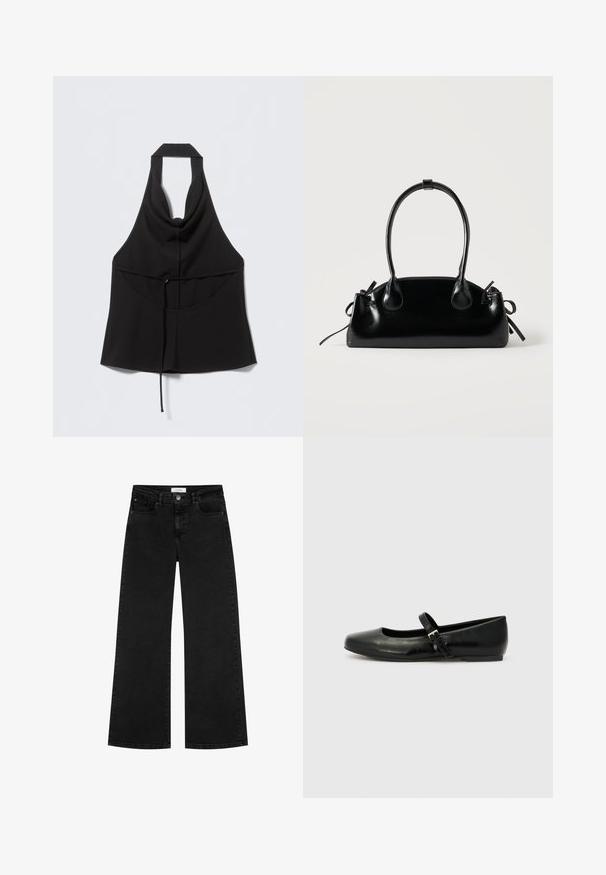 Haut noir sans manches à col licou avec une taille cintrée par un lien, un décolleté en V à l'avant et un ourlet inférieur fluide.; Jean large noir taille haute avec poches avant et poches à monnaie, fermeture à bouton et passants de ceinture.; Ballerines en cuir noir avec un bout arrondi, une semelle plate et une fine sangle ajustable sur le cou-de-pied avec une boucle en métal.; Petit sac à main noir brillant avec deux longues anses et des détails à cordon sur les côtés sur un fond clair uni.