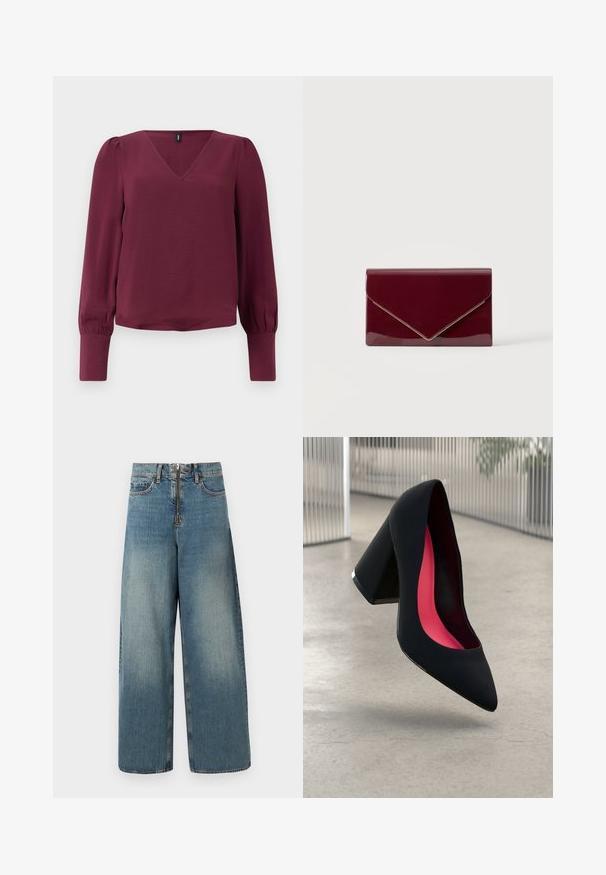 Chemisier bordeaux avec un col en V, des manches longues bouffantes et des poignets élastiques. Fabriqué en tissu léger et texturé. Design simple et moderne.; Jeans en denim à jambes larges dans un délavage bleu clair. Dotés d'un zip et d'une fermeture à bouton, avec un délavage subtil pour un look usé.; Chaussure à talon haut noire avec un bout pointu et une tige texturée. Intérieur avec une doublure rose vif. Talon carré avec un accent métallique à la base.; Pochette rouge foncé brillante de style enveloppe avec bordure dorée le long du bord du rabat sur un fond clair uni.