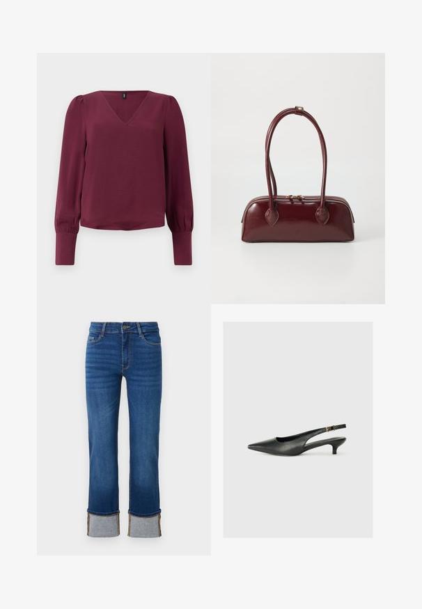 Bordeaux bluse med V-hals, lange puffede ærmer og elastiske manchetter. Lavet af letvægts, tekstureret stof. Enkel og moderne desain.; Blå denimjeans med lige ben, der har opkrøllede manchetter i lys grå. Mellemhøj talje og traditionelt fem-lomme design.; Sorte spidse slingback-sko lavet af glat læder. Har en tynd hæl og en spænde detalje på den justerbare rem.; Bordeaux læder skuldertaske med en buet form, dobbelt håndtag, lynlås lukning og subtile sømdetaljer. Glat, højglans finish.