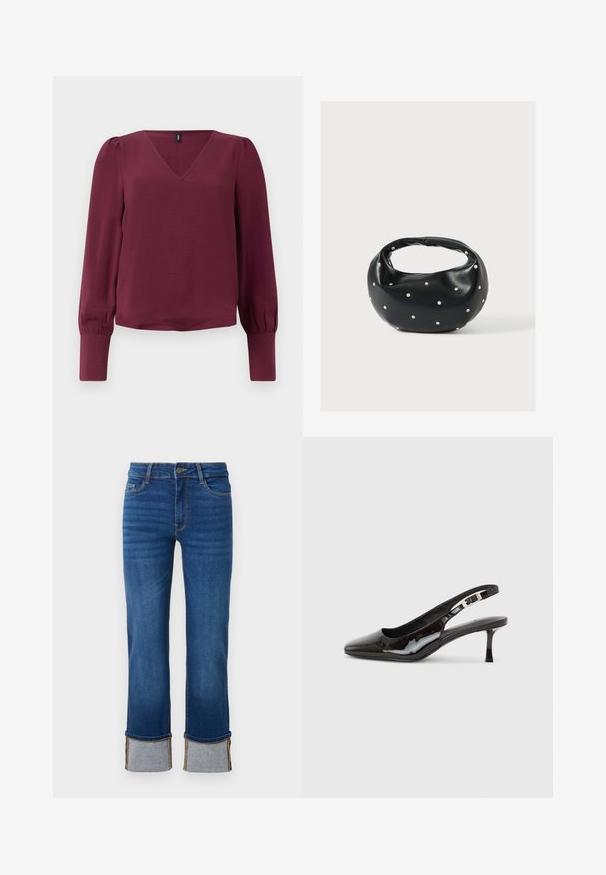 Chemisier bordeaux avec un col en V, des manches longues bouffantes et des poignets élastiques. Fabriqué en tissu léger et texturé. Design simple et moderne.; Jean en denim bleu avec une jambe droite, présentant des ourlets retroussés en gris clair. Taille mi-haute et design traditionnel à cinq poches.; Chaussure slingback en cuir verni noir avec bout pointu, boucle argentée et talon kitten de hauteur moyenne sur un fond clair uni.; Sac à main en cuir noir de forme arrondie, décoré de clous argentés et équipé d'une poignée courte. Texture lisse et fermeture éclair.