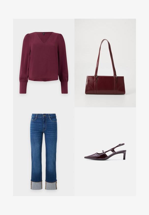 Bordeaux bluse med V-hals, lange puffede ærmer og elastiske manchetter. Lavet af letvægts, tekstureret stof. Enkel og moderne desain.; Blå denimjeans med lige ben, der har opkrøllede manchetter i lys grå. Mellemhøj talje og traditionelt fem-lomme design.; Bordeaux laklæder slingback-sko med spids tå, lav hæl og dobbelte justerbare spænderem.; Bordeaux håndtaske lavet af glansfuldt materiale, rektangulær form, med to skulderremme og subtile buede detaljer på forsiden.