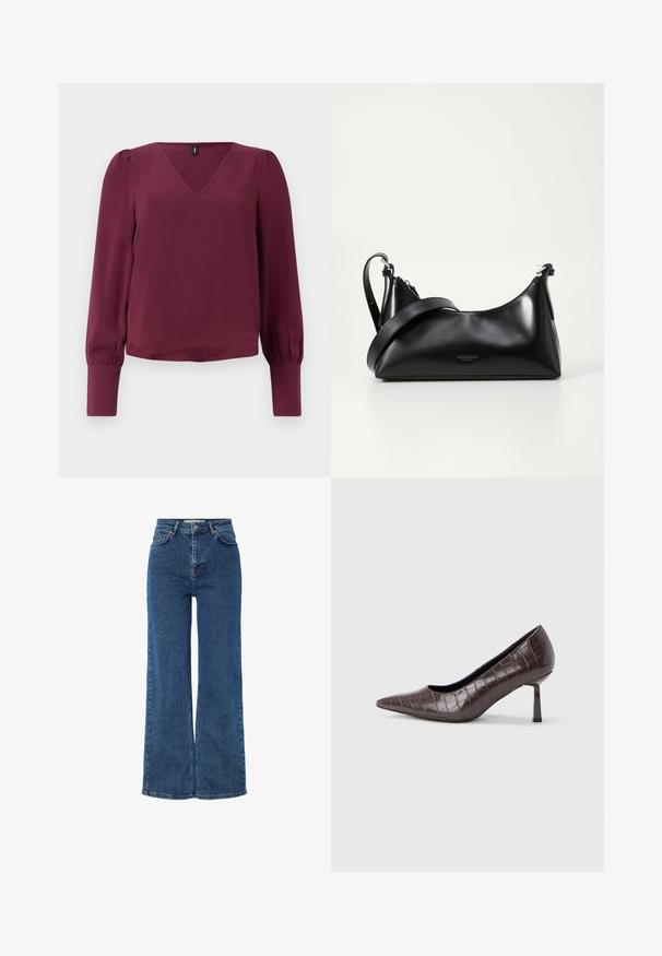Bordeaux blouse met een V-hals, lange pofmouwen en elastische manchetten. Gemaakt van lichte, gestructureerde stof. Eenvoudig en modern ontwerp.; Hoge taille blauwe denim jeans met brede pijpen, voorzien van een traditionele vijf-pocket ontwerp, metalen knoopsluiting en contrasterende stiksels.; Bruine nepleren pumps met een puntige neus en krokodillenstructuur, voorzien van een slanke, hoekige hak en een gladde binnenvoering.; Zwarte leren handtas met een gladde textuur. Beschikt over een verstelbare schouderband en een strak, minimalistisch ontwerp met een ritssluiting.