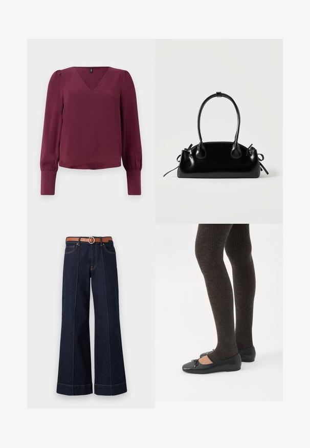 Bordeaux bluse med V-hals, lange puffede ærmer og elastiske manchetter. Lavet af letvægts, tekstureret stof. Enkel og moderne desain.; Mørkeblå denim wide-leg jeans med høj talje, brun bælte og synlige syningsdetaljer. Har forlommer og en afslappet pasform.; Ben iført mørke ribbede leggings kombineret med sorte balletsko med små sløjfedetaljer på hvid baggrund.; Lille sort blank håndtaske med to lange håndtag og snøre-detaljer i siden på en ensfarvet lys baggrund.