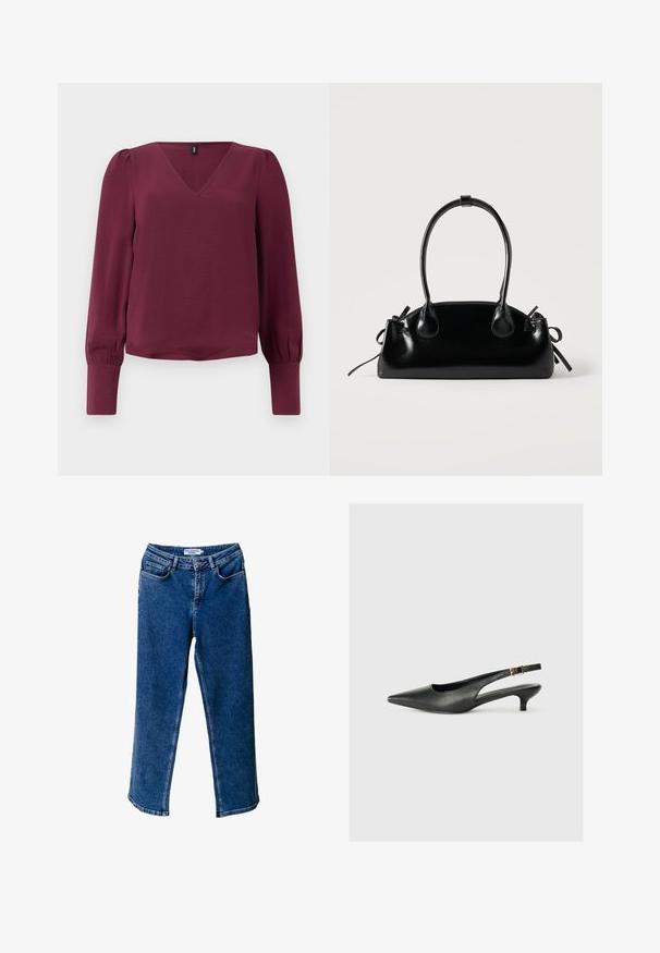 Bordeauxfarbene Bluse mit V-Ausschnitt, langen Puffärmen und elastischen Bündchen. Aus leichtem, strukturiertem Stoff gefertigt. Schlichtes und modernes Design.; Blaue Denim-Jeans mit weitem Bein und hoher Taille, ausgestattet mit frontalen Taschen, kontrastierenden Nähten und einer lässigen Passform.; Schwarzer Slingback-Schuh mit spitzem Zehenbereich aus glattem Leder. Mit einem dünnen Absatz und einer dekorativen Schnalle am verstellbaren Riemen.; Kleine schwarze glänzende Handtasche mit zwei langen Griffen und seitlichen Kordelzug-Details vor einfachem hellem Hintergrund.