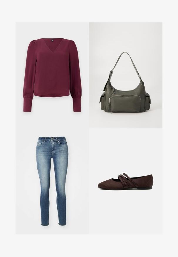 Bordeaux bluse med V-hals, lange puffede ærmer og elastiske manchetter. Lavet af letvægts, tekstureret stof. Enkel og moderne desain.; Slanke blå jeans lavet af denim, med en falmet vask, let slid på fronten og flosset kant ved anklerne.; Brun flad sko med spids tå og to tynde krydsende remme over vristen, synlige syningsdetaljer og en lav hæl.; Grøn læder skuldertaske med et buet design, lynlåslomme foran og ekstra sidelommer. Glat tekstur og minimalt hardware.